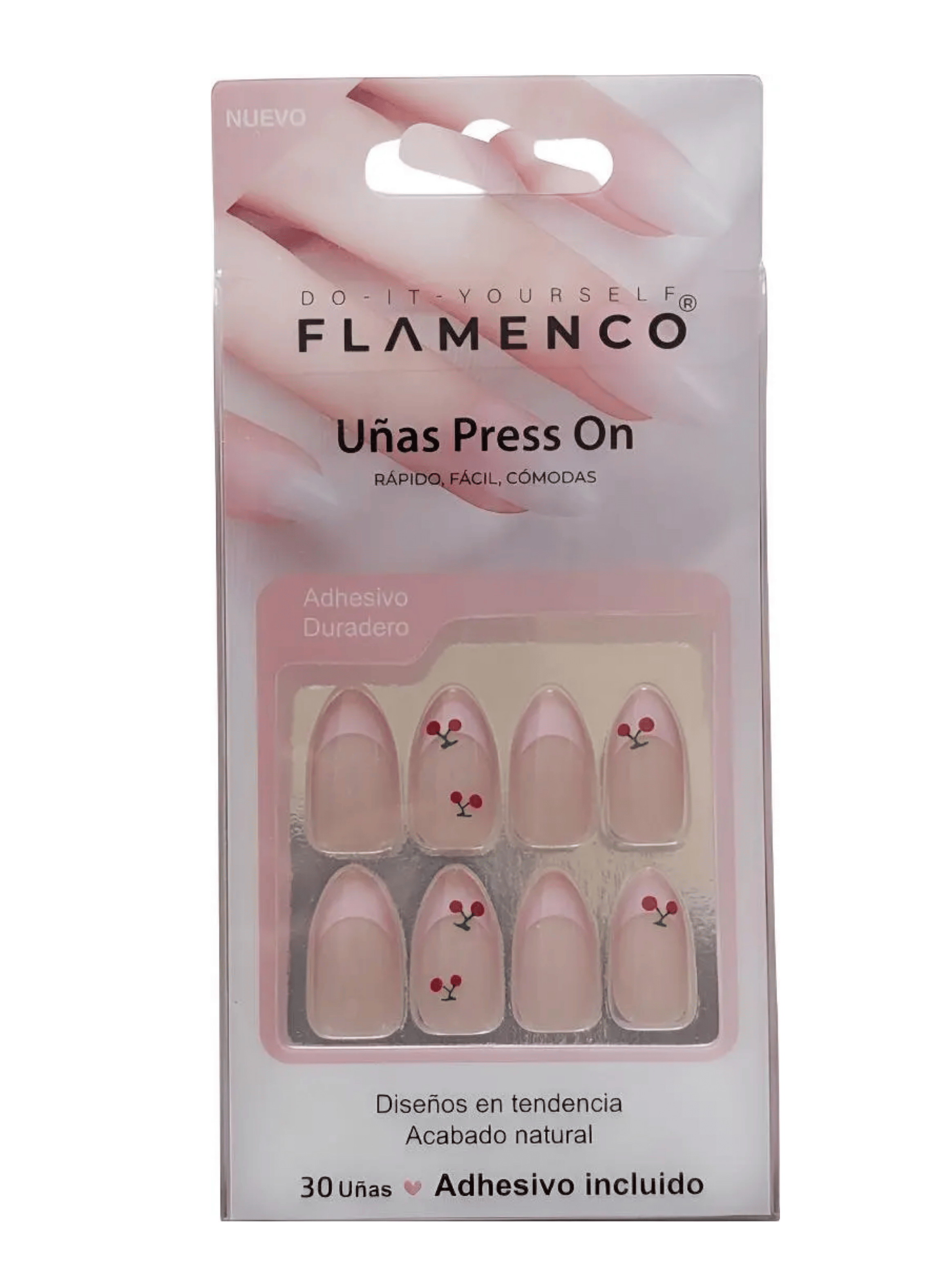 Uñas Postizas Press On Autoadhesivas Francesa Rosa Flores-3