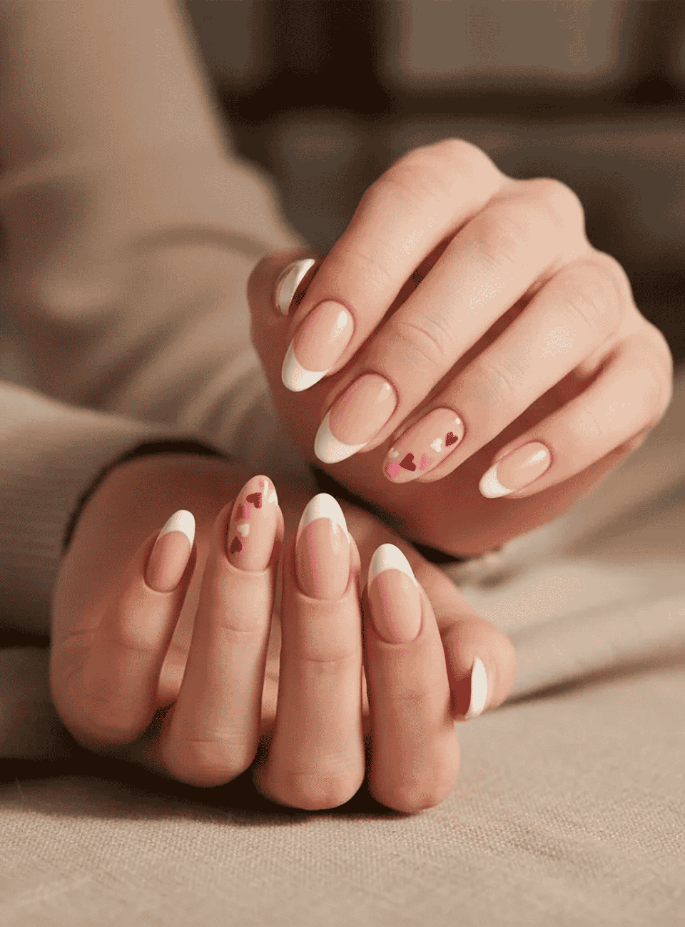 Uñas Press On Acabado Natural Punta Francesa Con Corazon-2