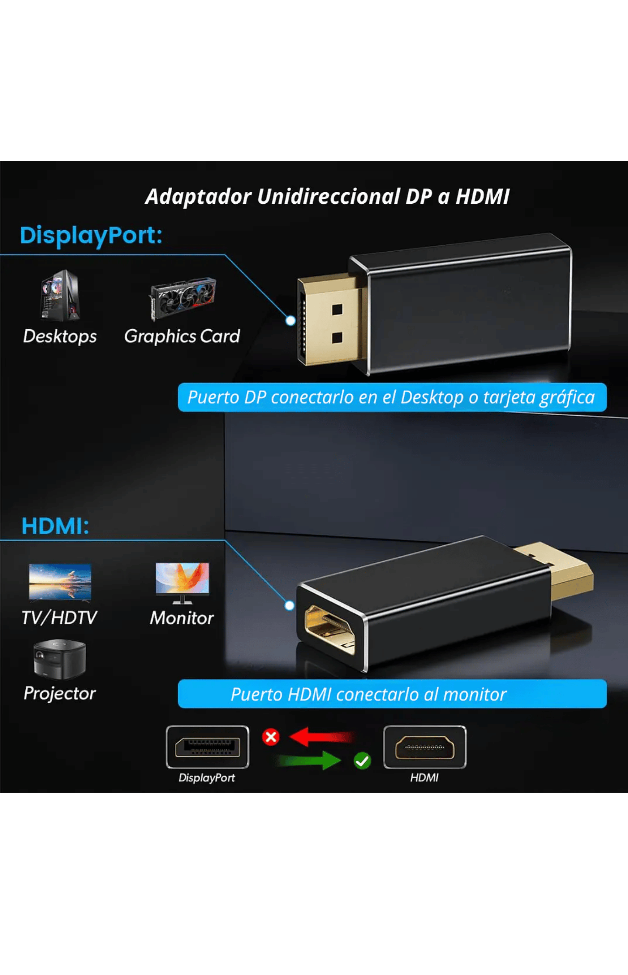Adaptador DisplayPort a HDMI 4K 60Hz DP Macho a HDMI Hembra-3