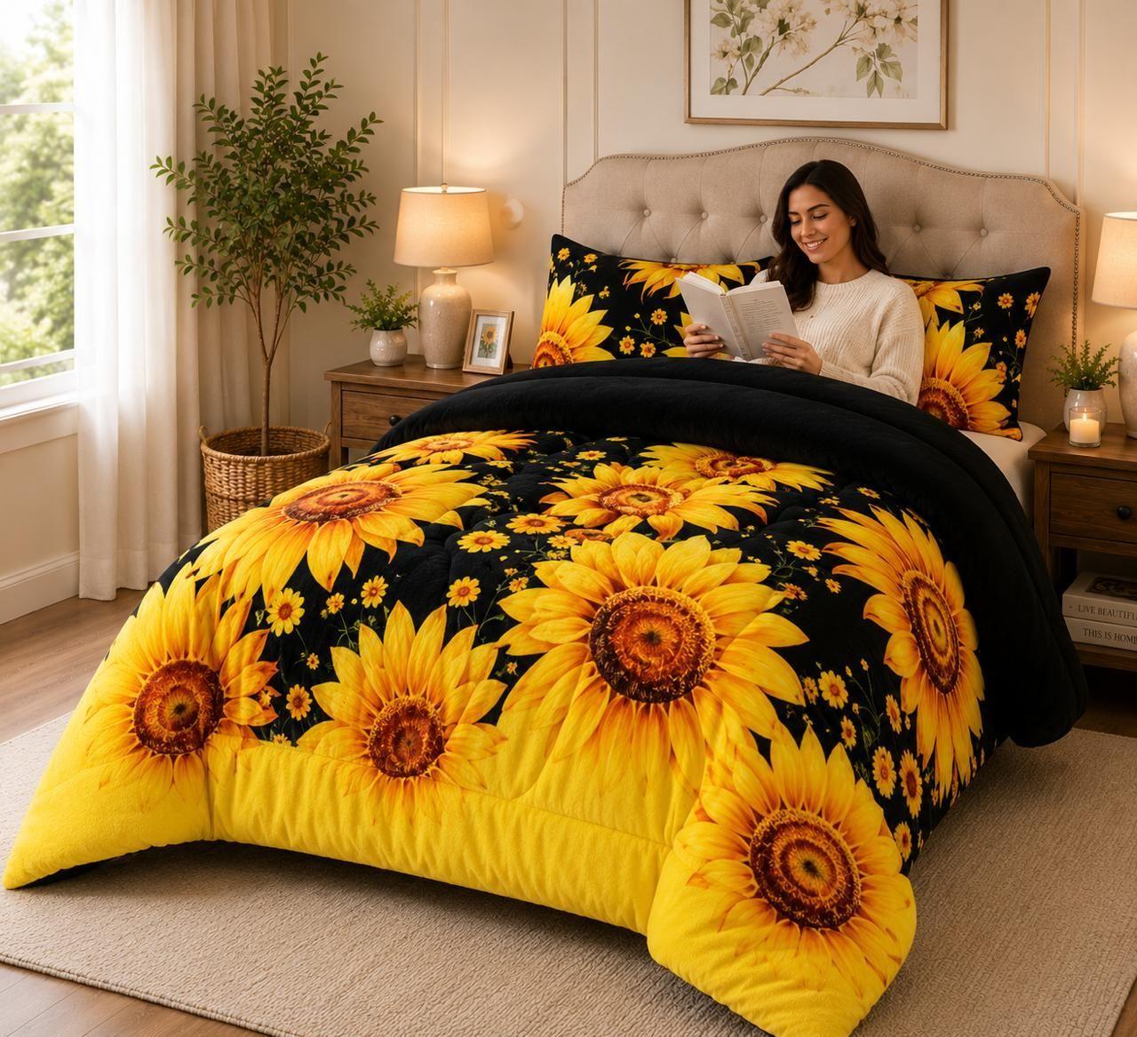 Cubrecama de Invierno Plush con Chiporro 2 Plazas Color Negro con Girasoles RS1041-0