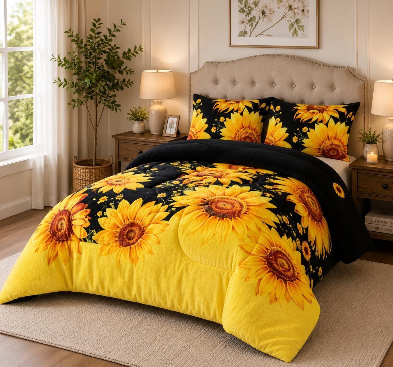 Cubrecama de Invierno Plush con Chiporro 2 Plazas Color Negro con Girasoles RS1041-1
