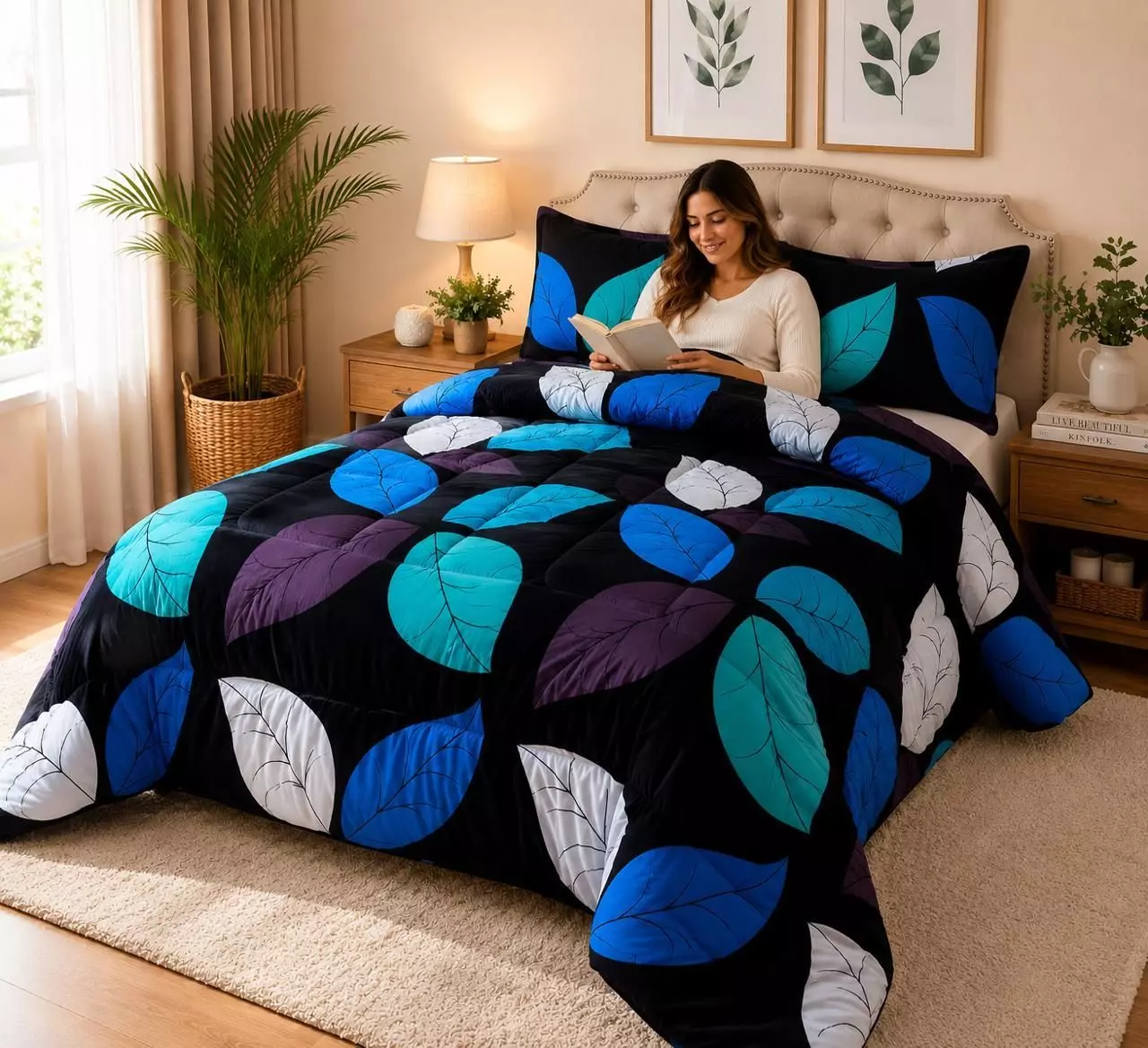 Cubrecama de Invierno Plush con Chiporro 2 Plazas Color Negro con Hojas RS1031-0