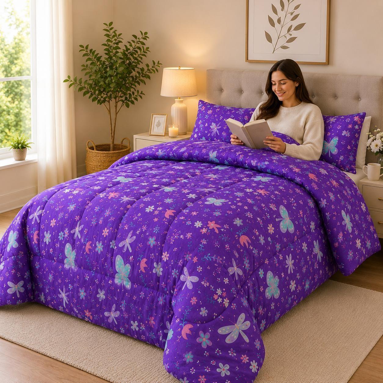 Cubrecama de Invierno Plush con Chiporro 2 Plazas Color Morado con Mariposas 193-0