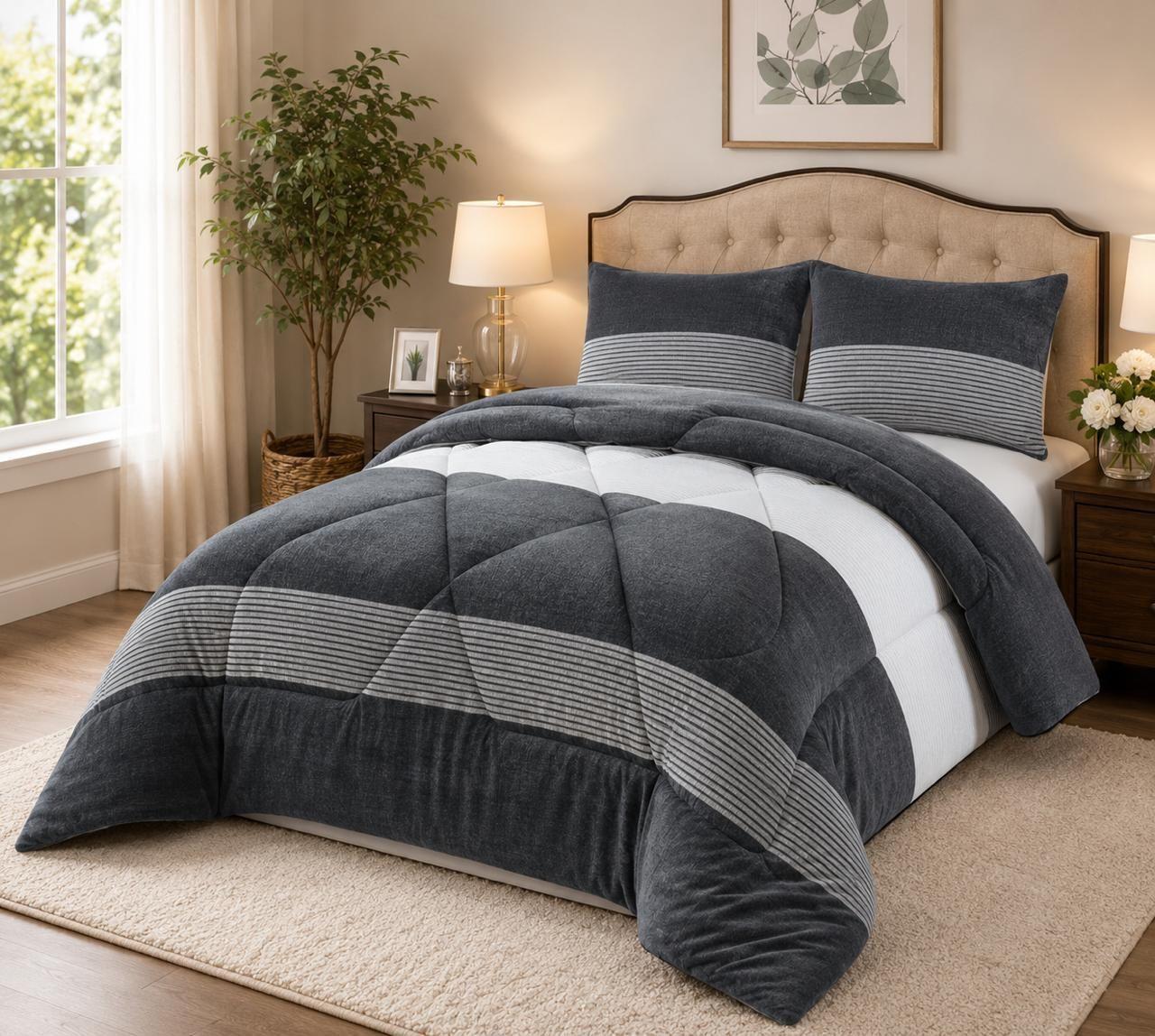 Cubrecama de Invierno Plush con Chiporro King Color Gris con Franjas RS1046-2