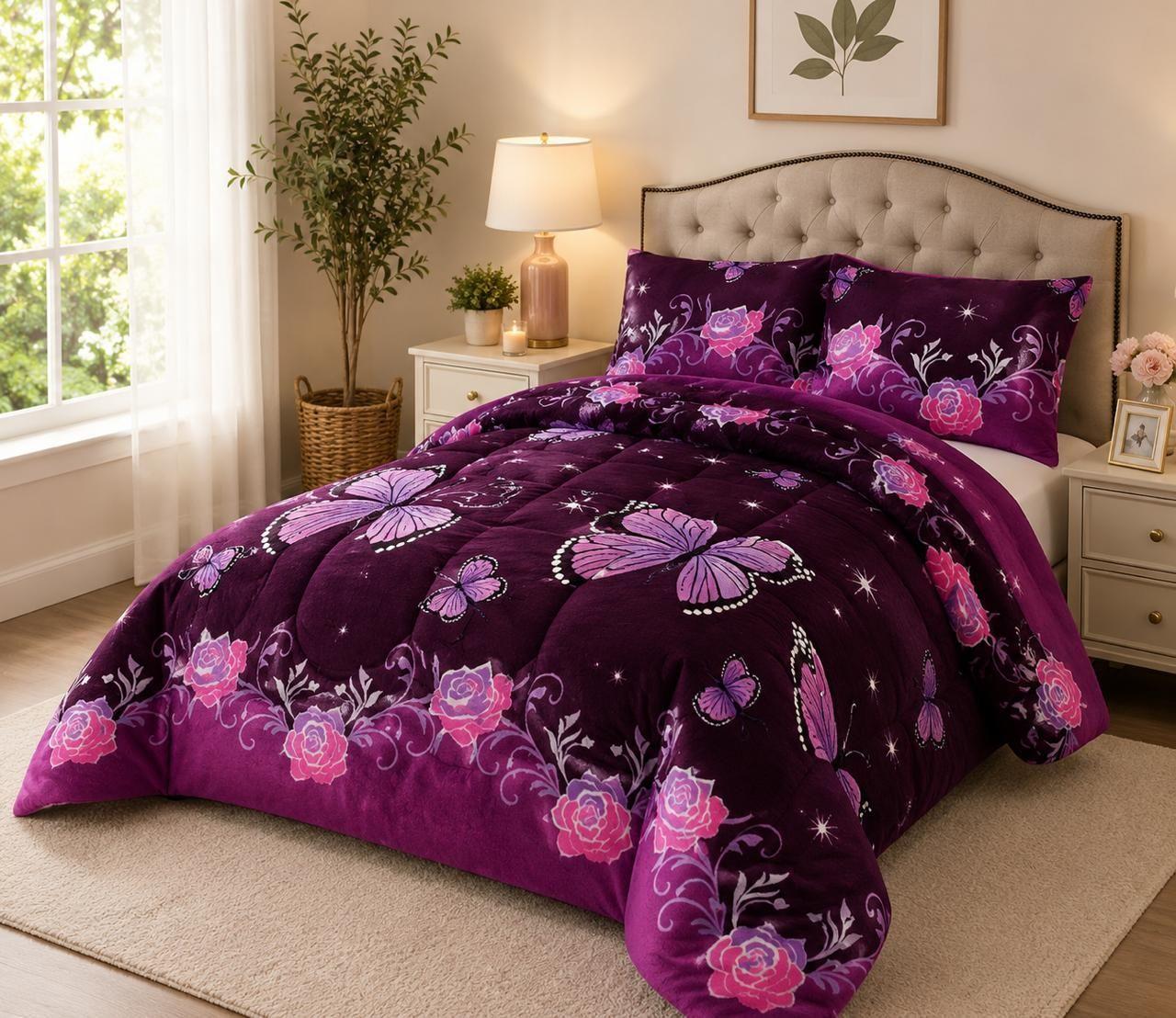 Cubrecama de Invierno Plush con Chiporro 2 Plazas Color Morado con Mariposas RS1045-2