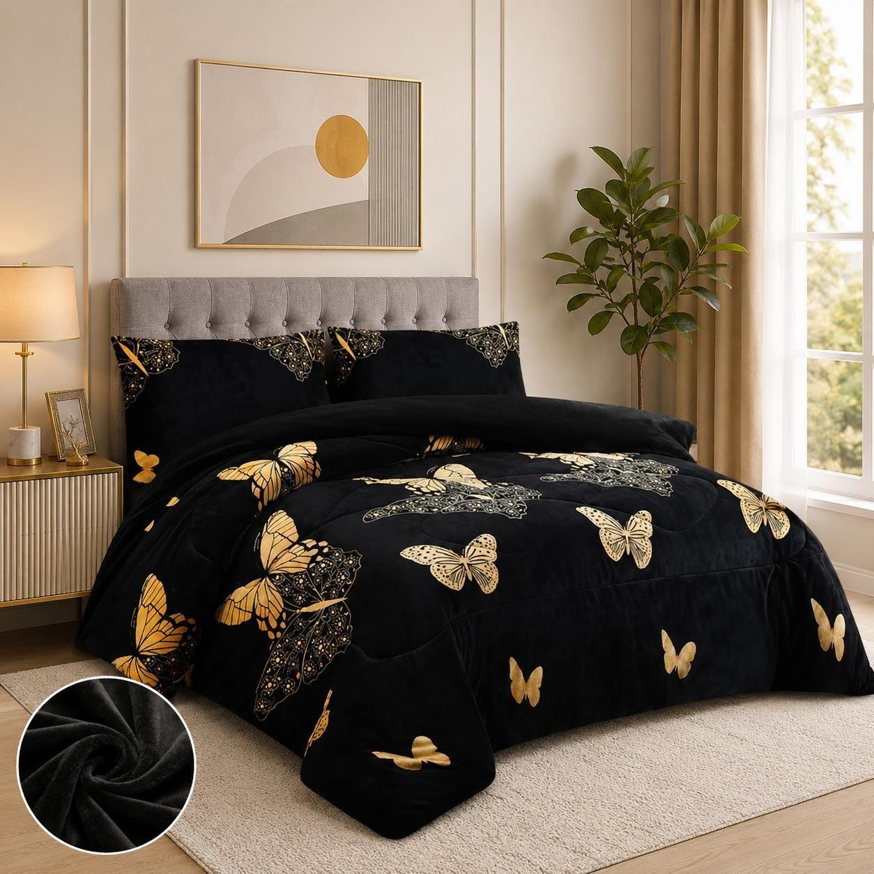 Cubrecama de Invierno Plush con Chiporro 2 Plazas Color Negro con Mariposas 247-2