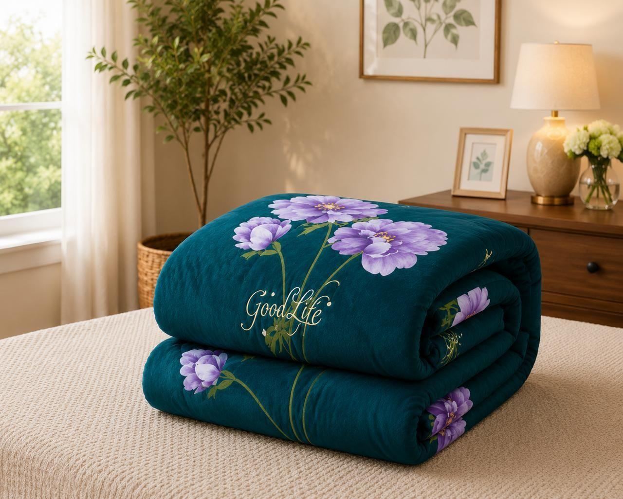 Cubrecama de Invierno Plush con Chiporro King Color Verde con Flores RS1044-2