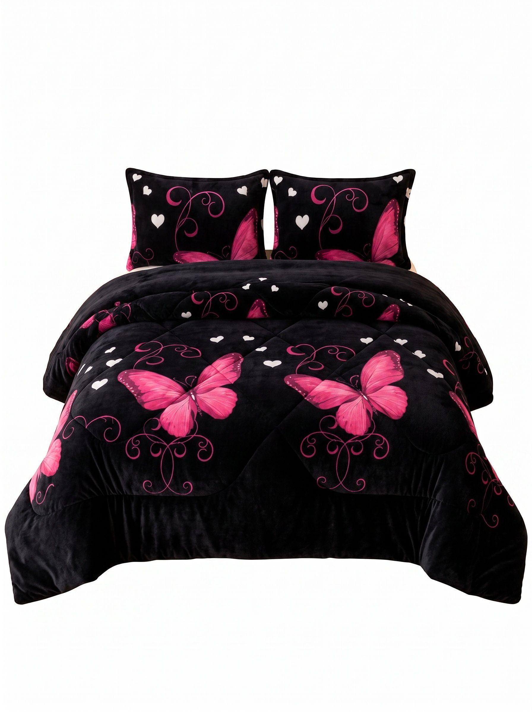 Cubrecama de Invierno Plush con Chiporro 2 Plazas Color Negro con Mariposas RS1024-0