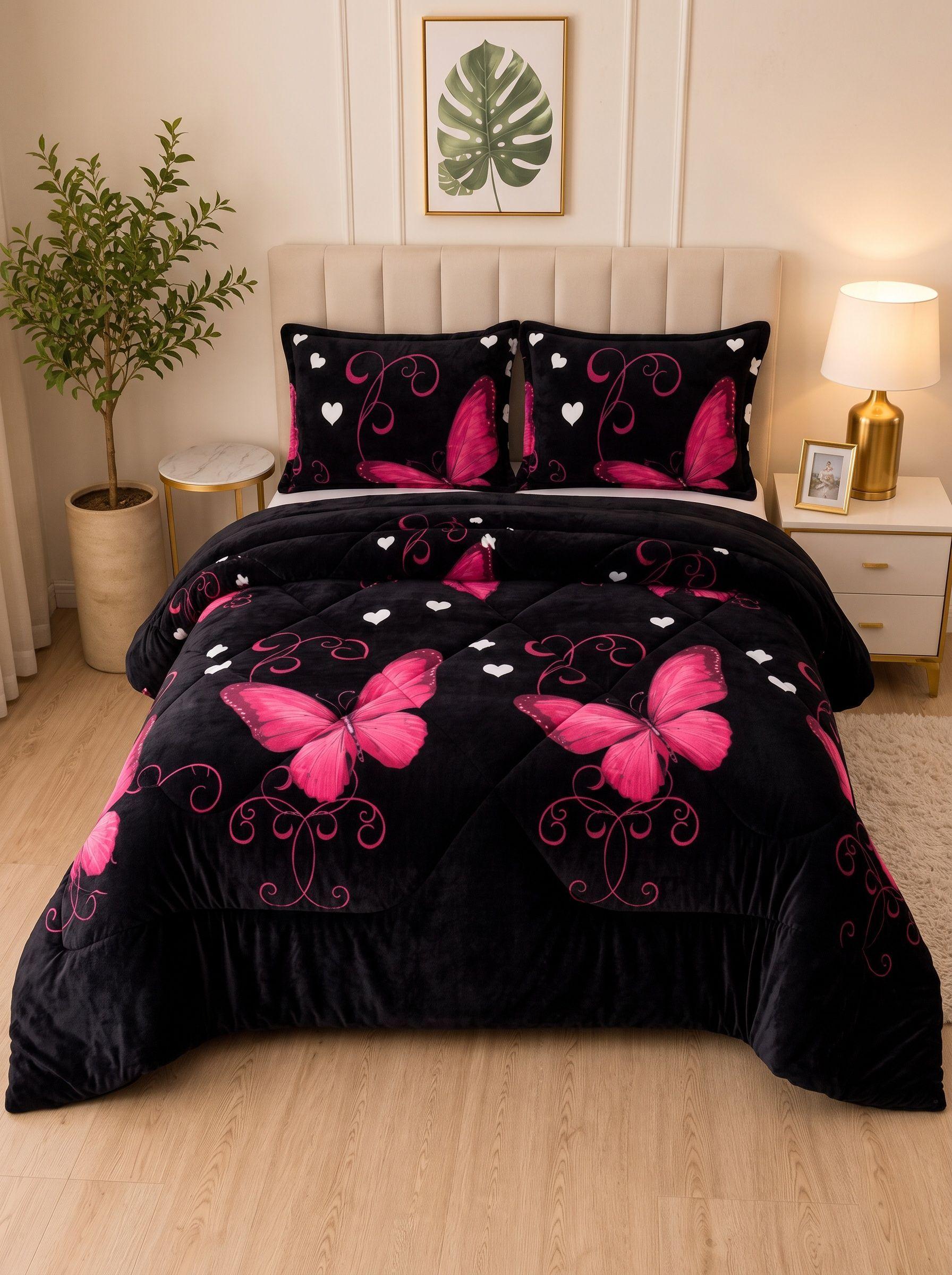 Cubrecama de Invierno Plush con Chiporro 2 Plazas Color Negro con Mariposas RS1024-1