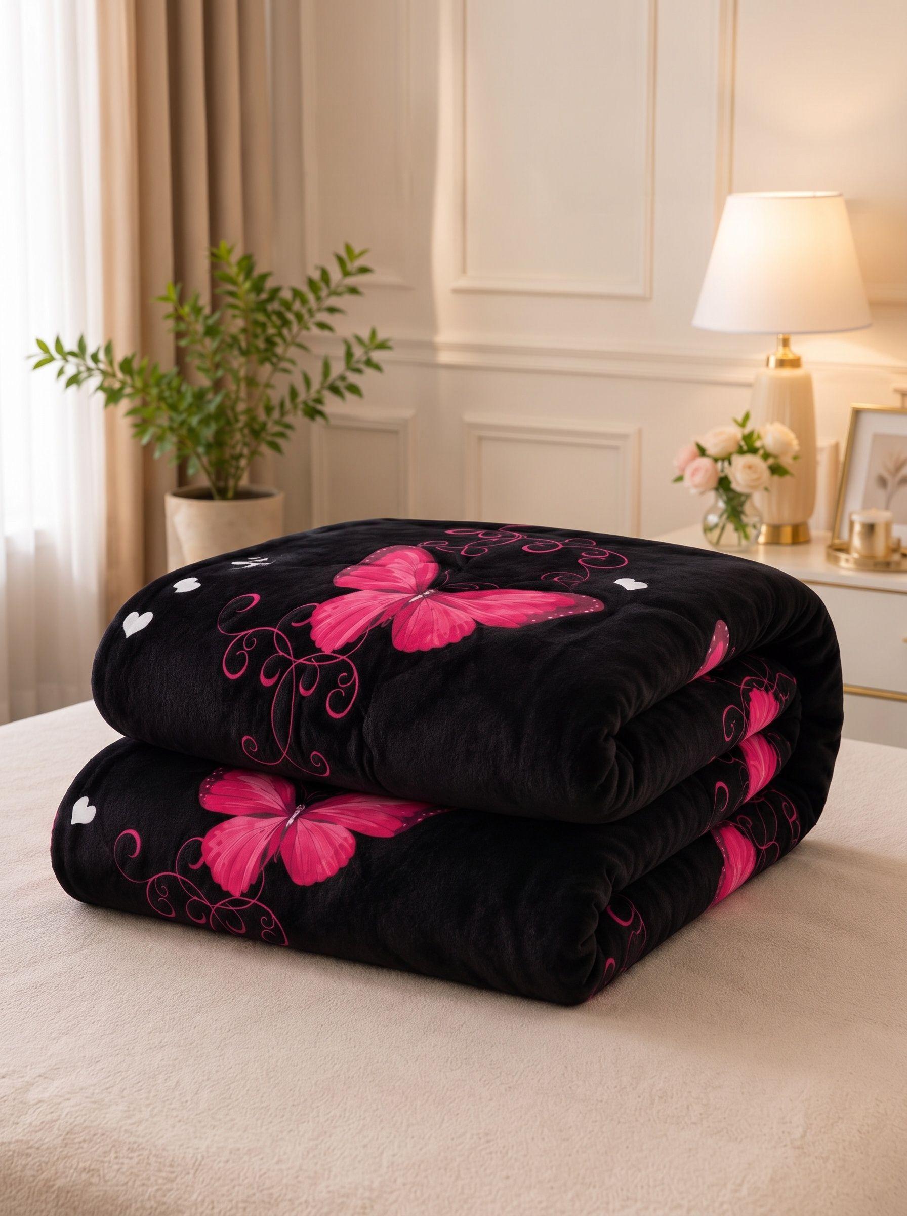 Cubrecama de Invierno Plush con Chiporro 2 Plazas Color Negro con Mariposas RS1024-2