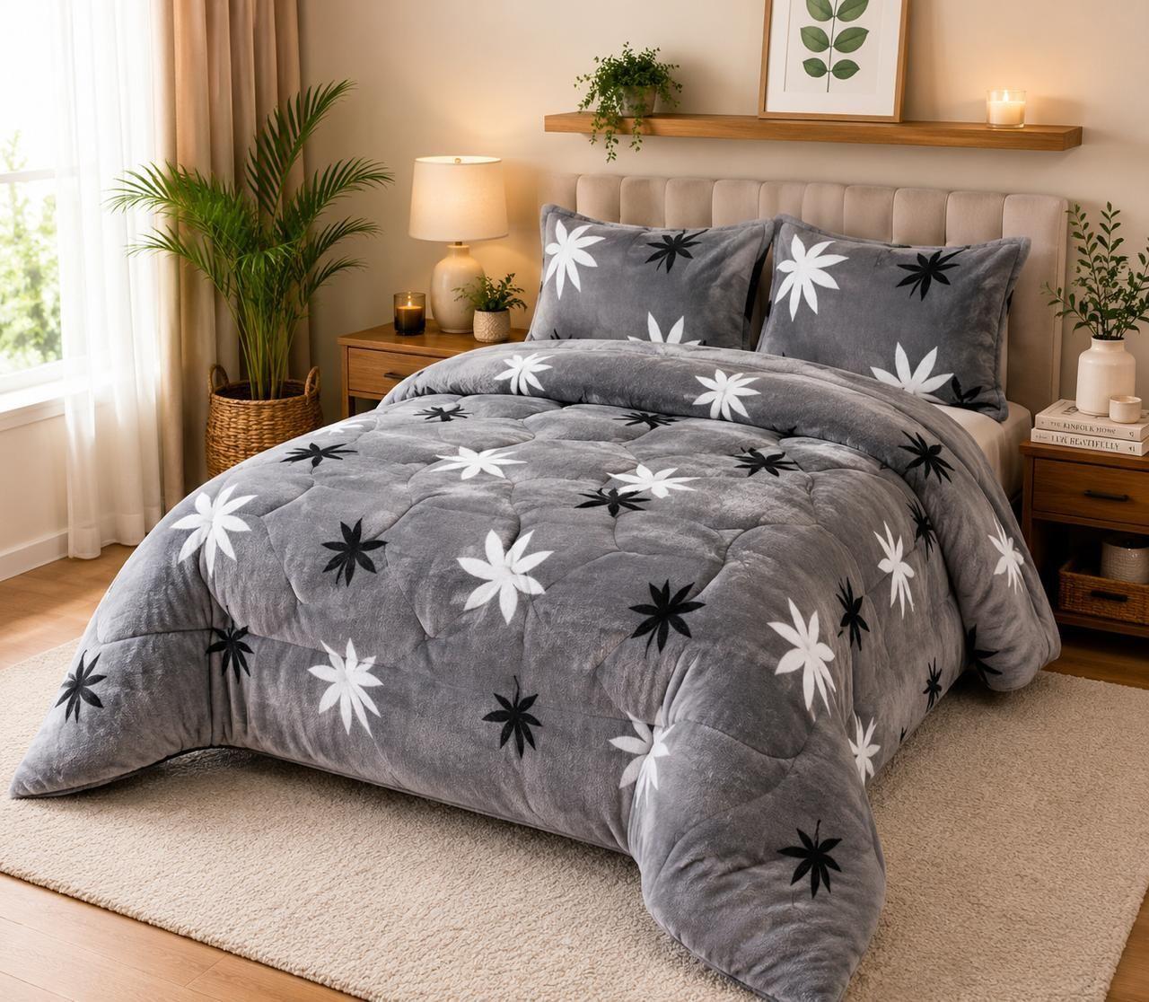 Cubrecama de Invierno Plush con Chiporro 2 Plazas Color Gris con Hojas RS1033-2