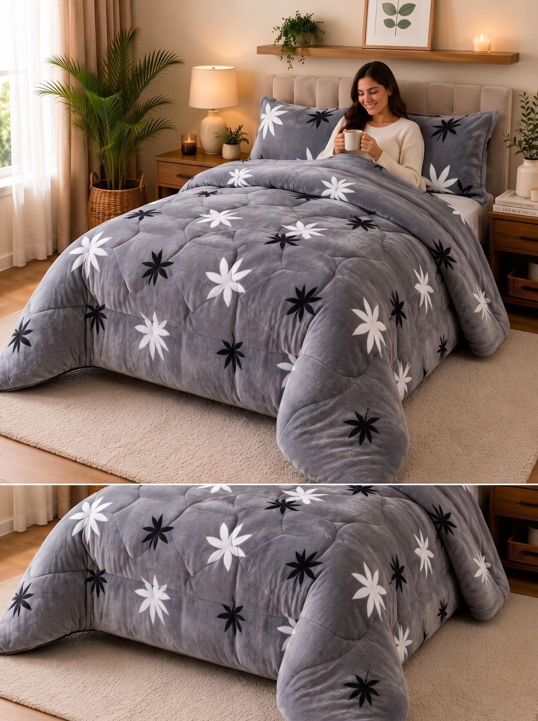 Cubrecama de Invierno Plush con Chiporro 2 Plazas Color Gris con Hojas RS1033-1