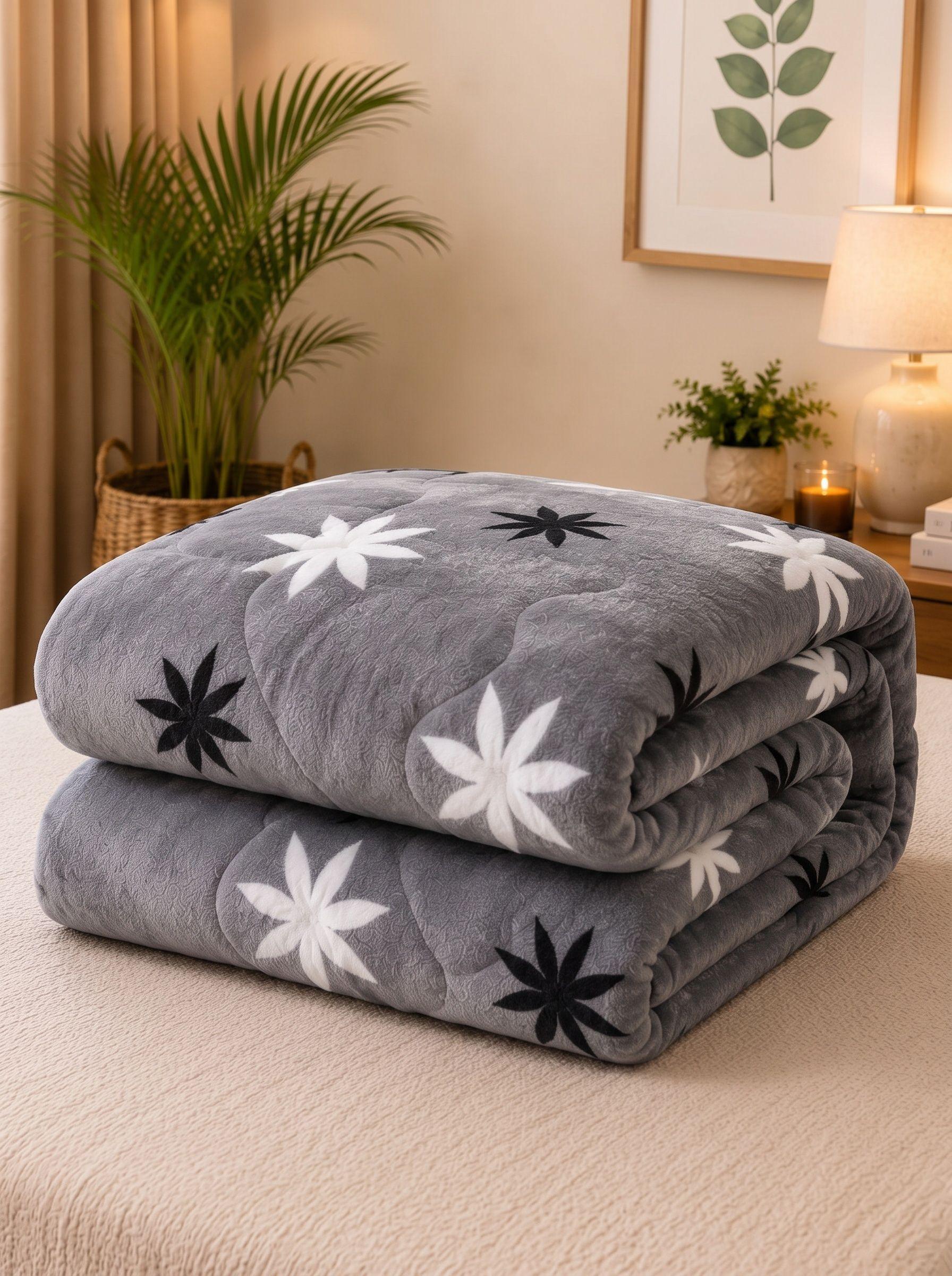 Cubrecama de Invierno Plush con Chiporro 2 Plazas Color Gris con Hojas RS1033-2