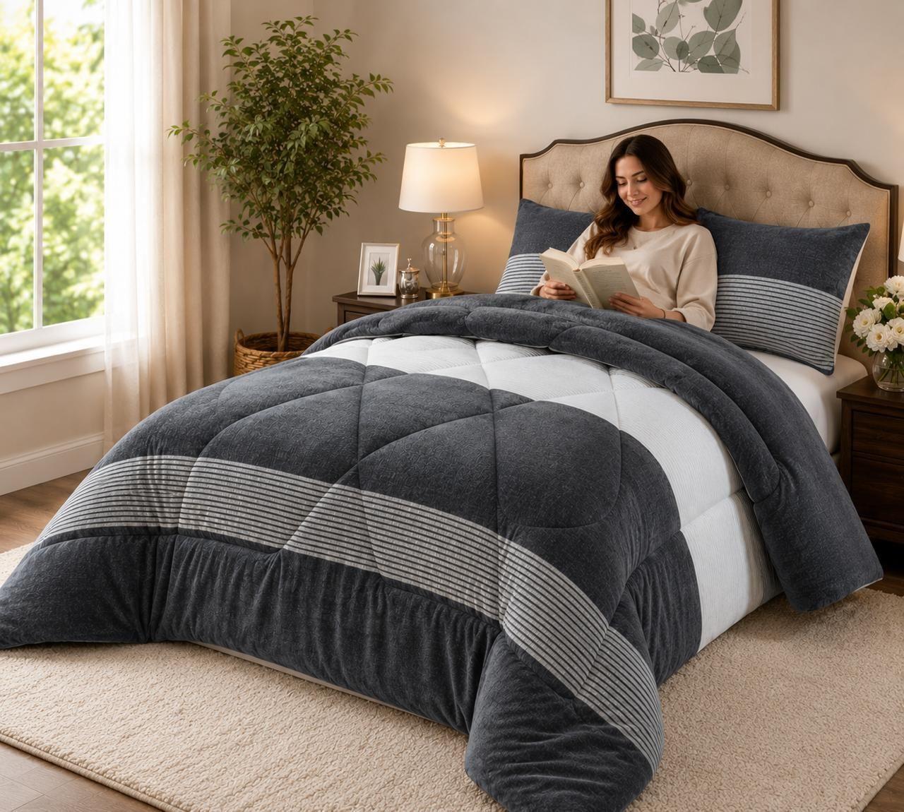 Cubrecama de Invierno Plush con Chiporro 2 Plazas Color Gris con Franjas RS1046-0