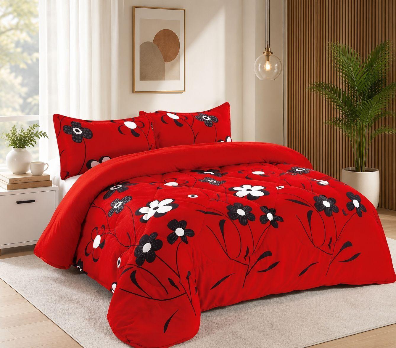 Cubrecama de Invierno Plush con Chiporro King Color Rojo con Flores RS1002-2