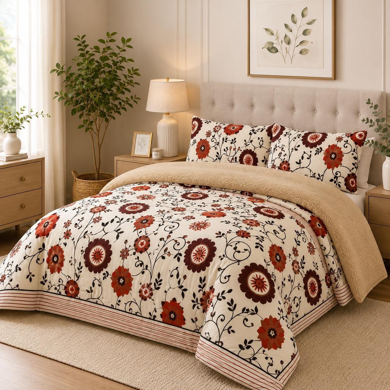 Cubrecama de Invierno Plush con Chiporro 2 Plazas Color Beige con Flores RS1014-2