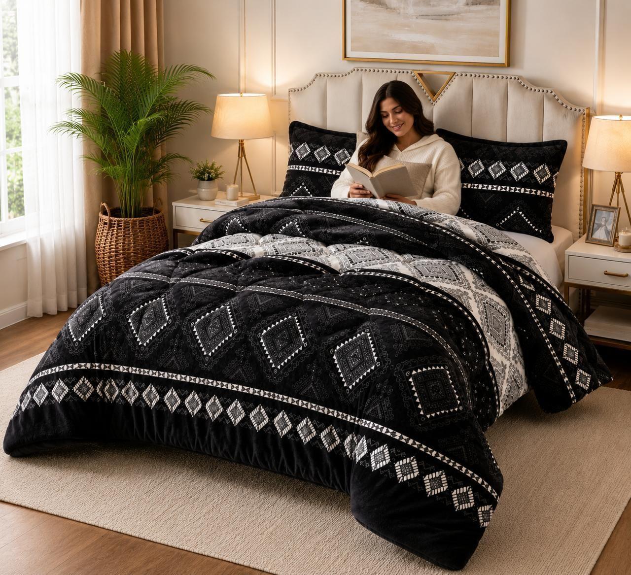 Cubrecama de Invierno Plush con Chiporro 2 Plazas Color Negro con Rombos RS1037-0