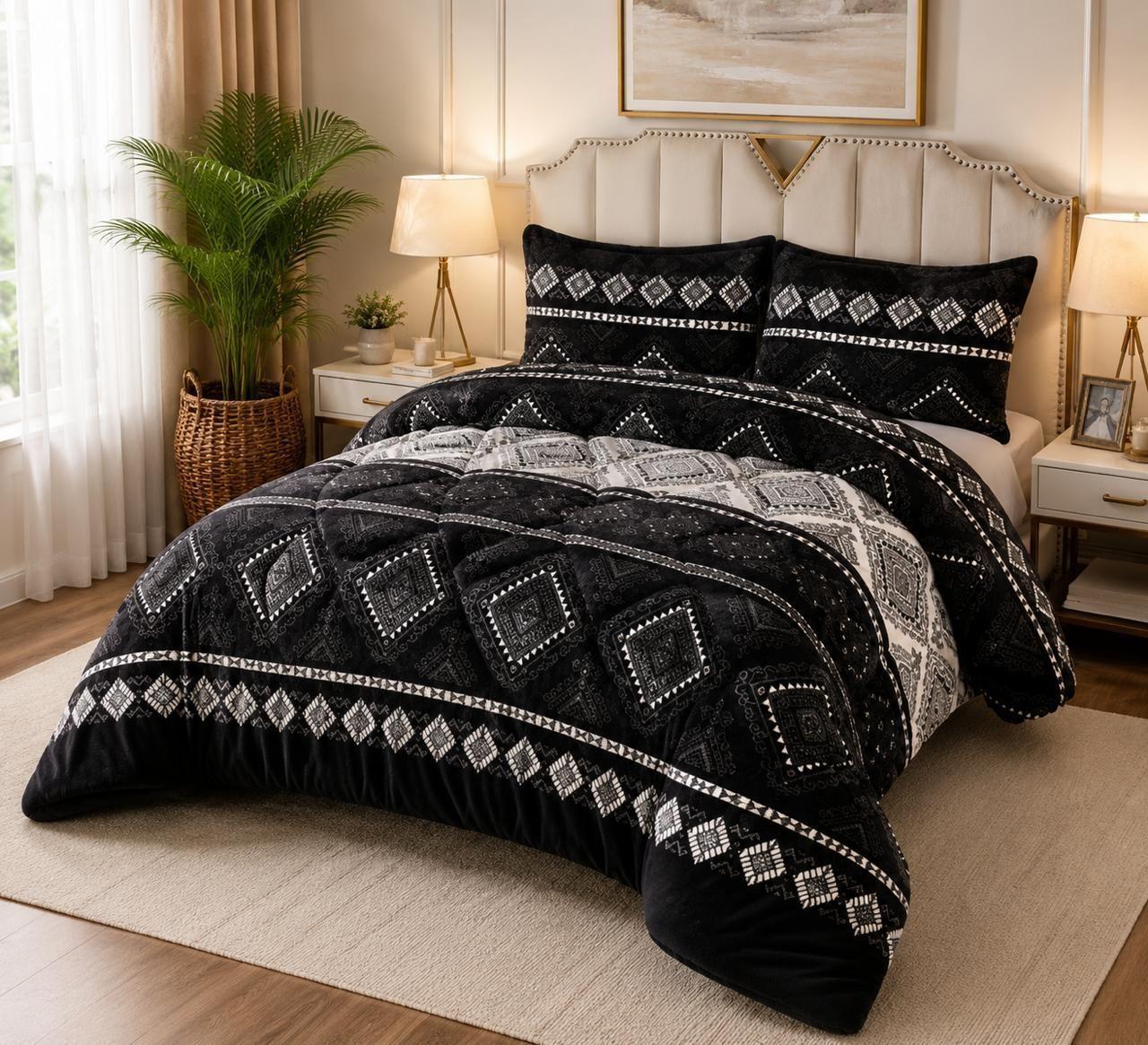 Cubrecama de Invierno Plush con Chiporro 2 Plazas Color Negro con Rombos RS1037-1