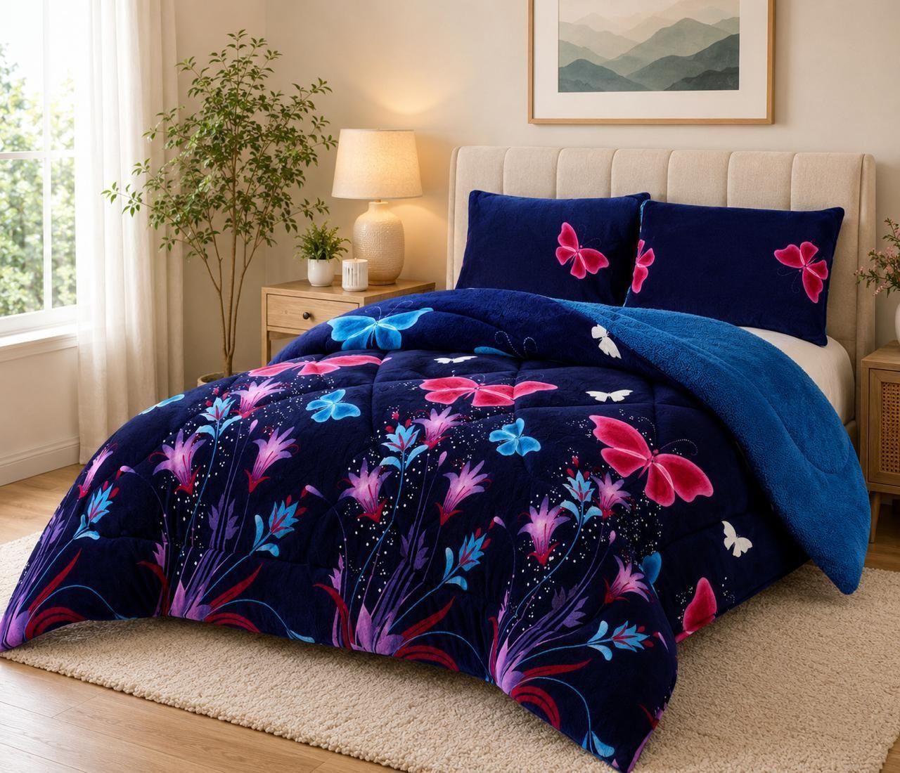 Cubrecama de Invierno Plush con Chiporro 2 Plazas Color Azul con Mariposas RS1026-2
