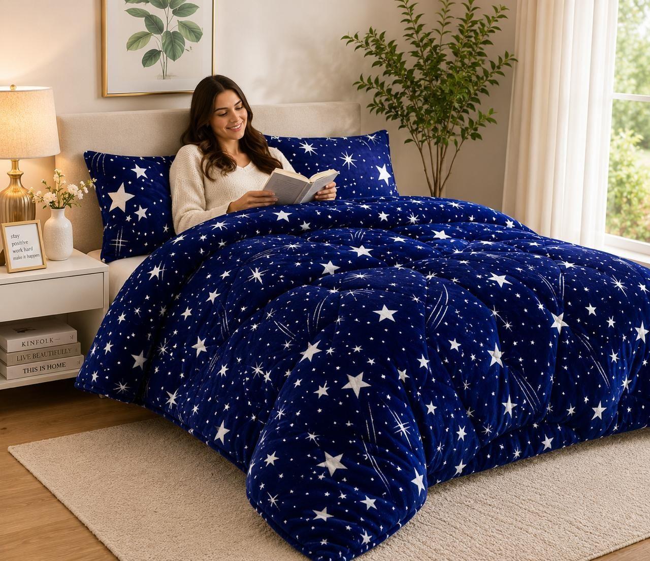 Cubrecama de Invierno Plush con Chiporro 2 Plazas Color Azul con Estrellas RS1007-0