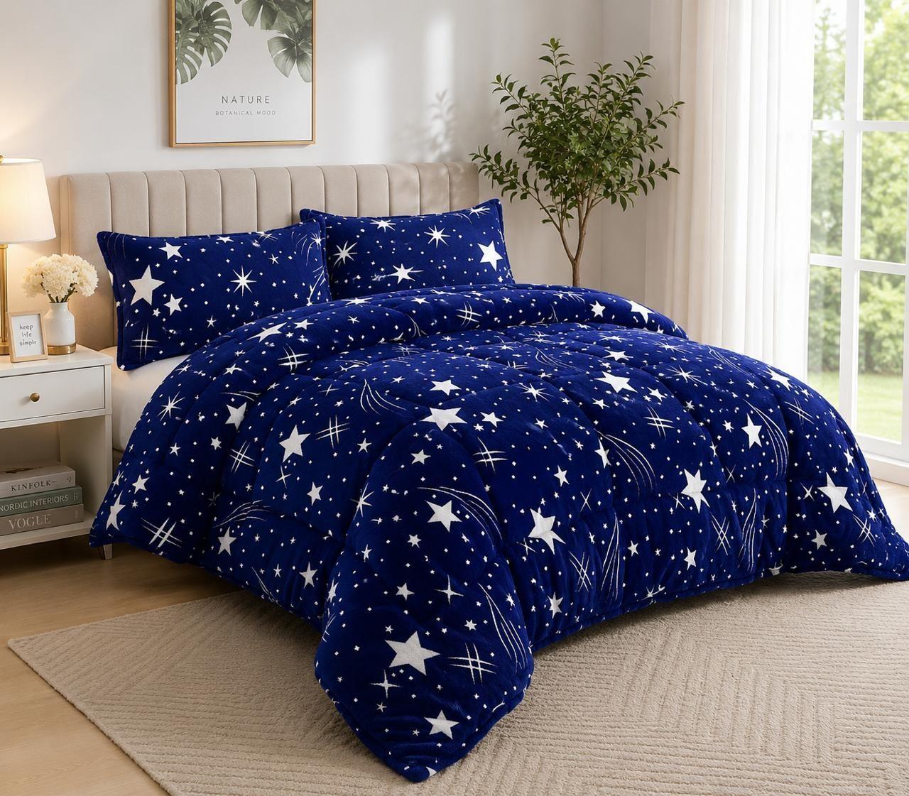 Cubrecama de Invierno Plush con Chiporro 2 Plazas Color Azul con Estrellas RS1007-1