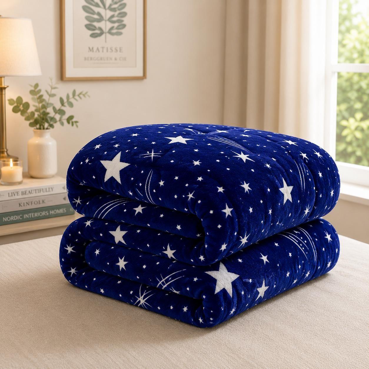 Cubrecama de Invierno Plush con Chiporro 2 Plazas Color Azul con Estrellas RS1007-2