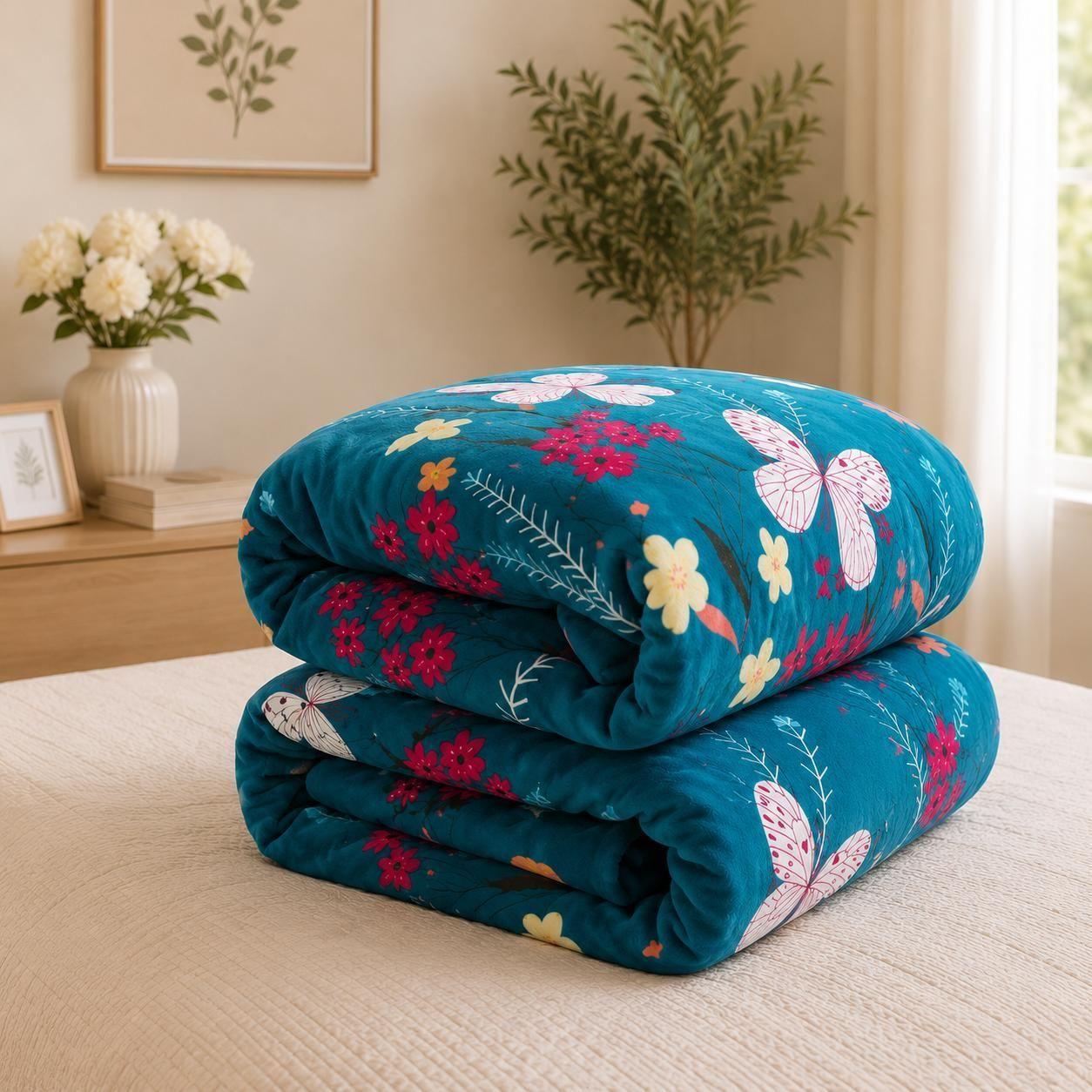 Cubrecama de Invierno Plush con Chiporro 2 Plazas Color Turquesa con Mariposas RS1001-2