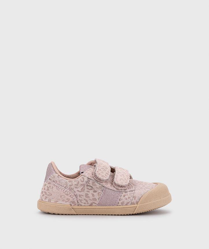 Zapatilla de Cuero barefoot con cierre de velcro Tennis Leo Rosa-1