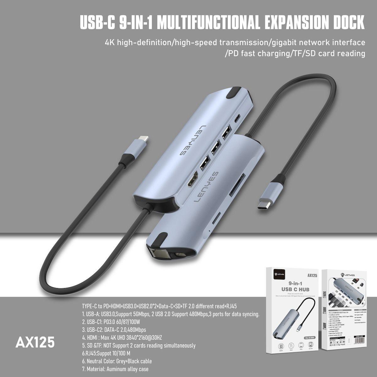 HUB 9 en 1 Lenyes AX125 USB-C-3