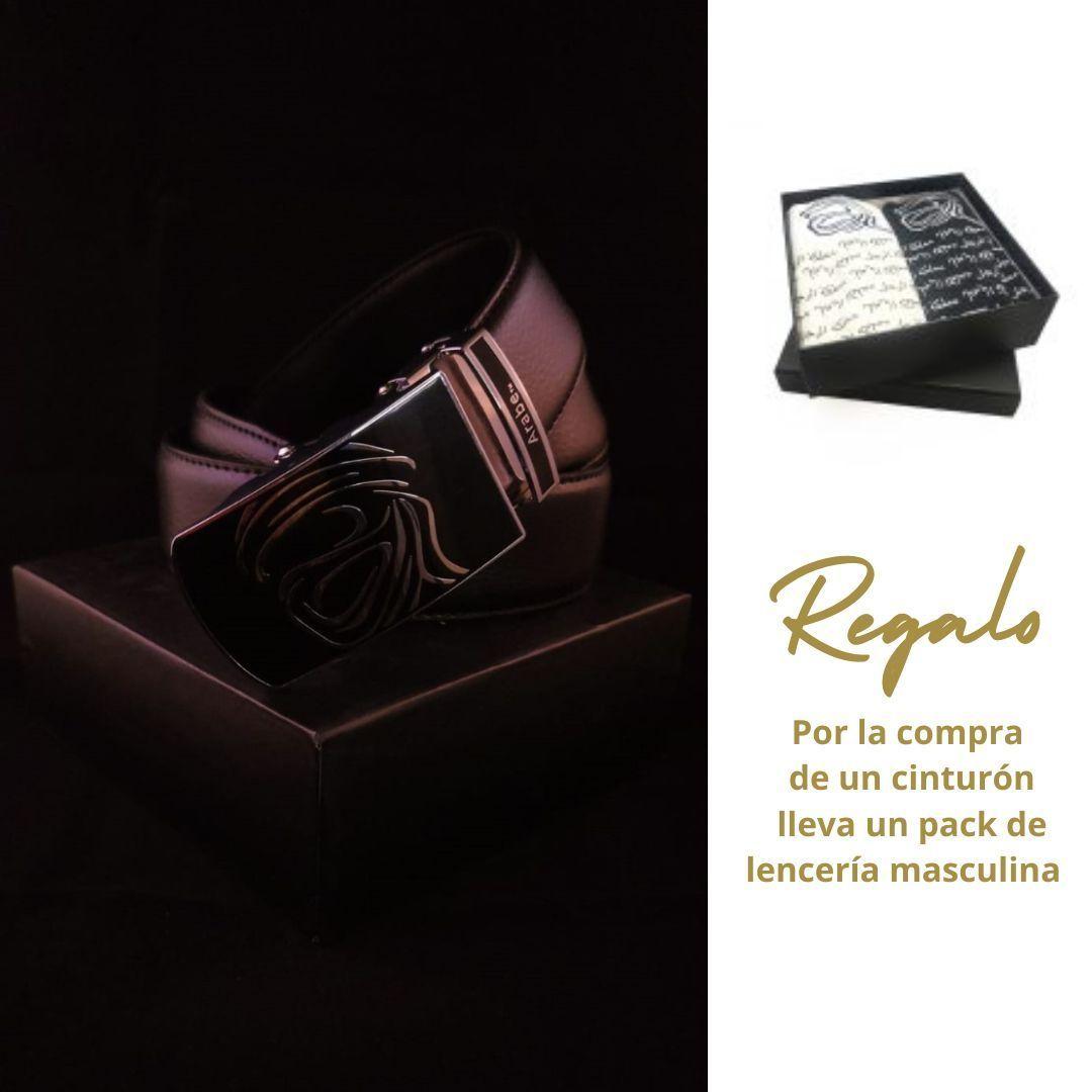 Cinturón con hebilla rectangular negro brillante con impresión marca exclusiva Arabe® Men's beauty c-4