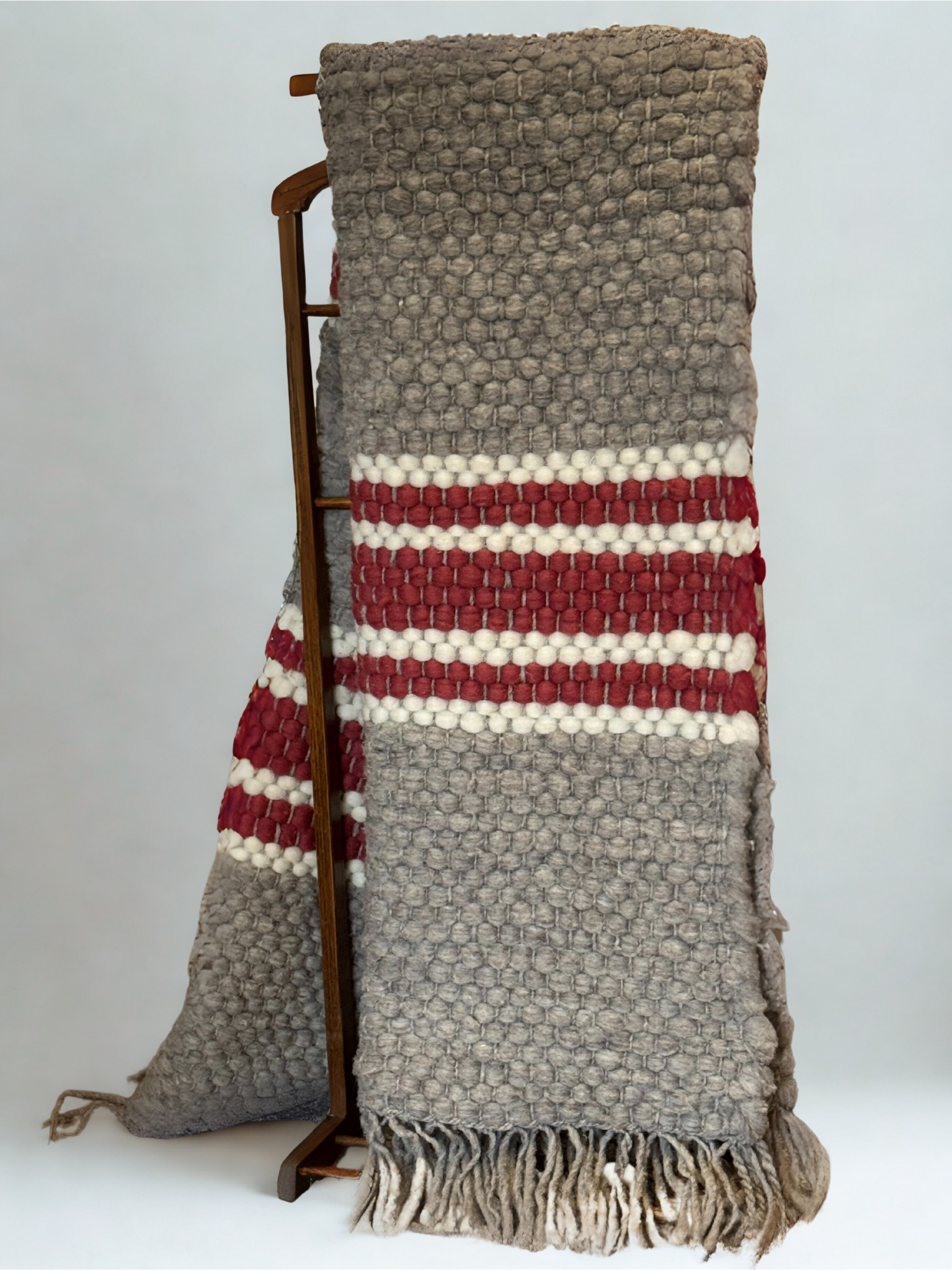 Piecera Manta de Lana de Vellón Oveja 100% Natural | Tejida a Mano en Telar | Gris Rojo-3