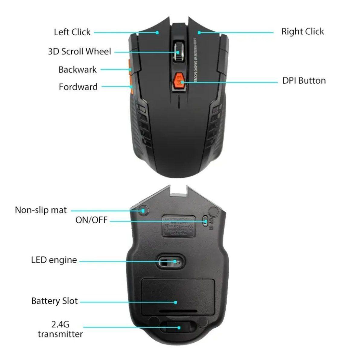 Mouse Gamer ptico Raton Inal mbrico 6 Botones Wireless para Notebook PC Computadora DPI Pilas AAA-2