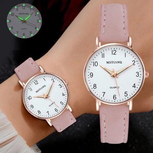 Reloj de Pulsera Dama Mujer Cuarzo Correa Cuero Analogo de Lujo Esfera Cronógrafo Dorado Rosa-1