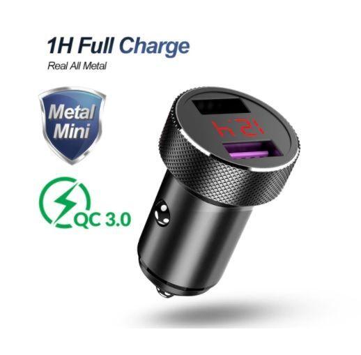 Cargador Auto Dual USB Carga Ultra Rápida | Cuerpo de Metal Titanio y Voltímetro-0