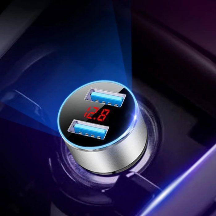 Cargador Auto Dual USB Carga Ultra Rápida | Cuerpo de Metal Titanio y Voltímetro-1