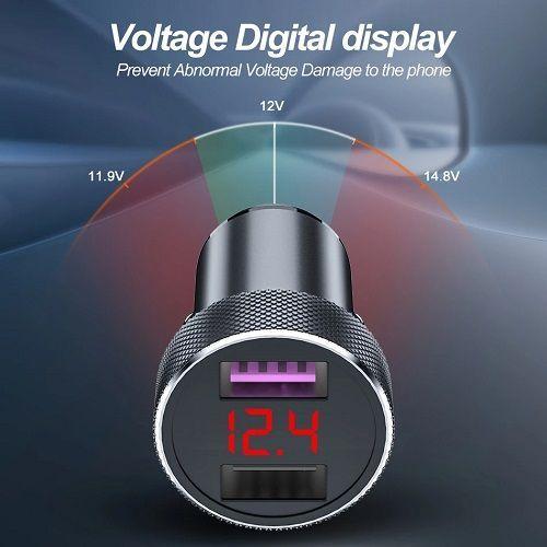 Cargador Auto Dual USB Carga Ultra Rápida | Cuerpo de Metal Titanio y Voltímetro-2