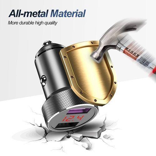 Cargador Auto Dual USB Carga Ultra Rápida | Cuerpo de Metal Titanio y Voltímetro-4