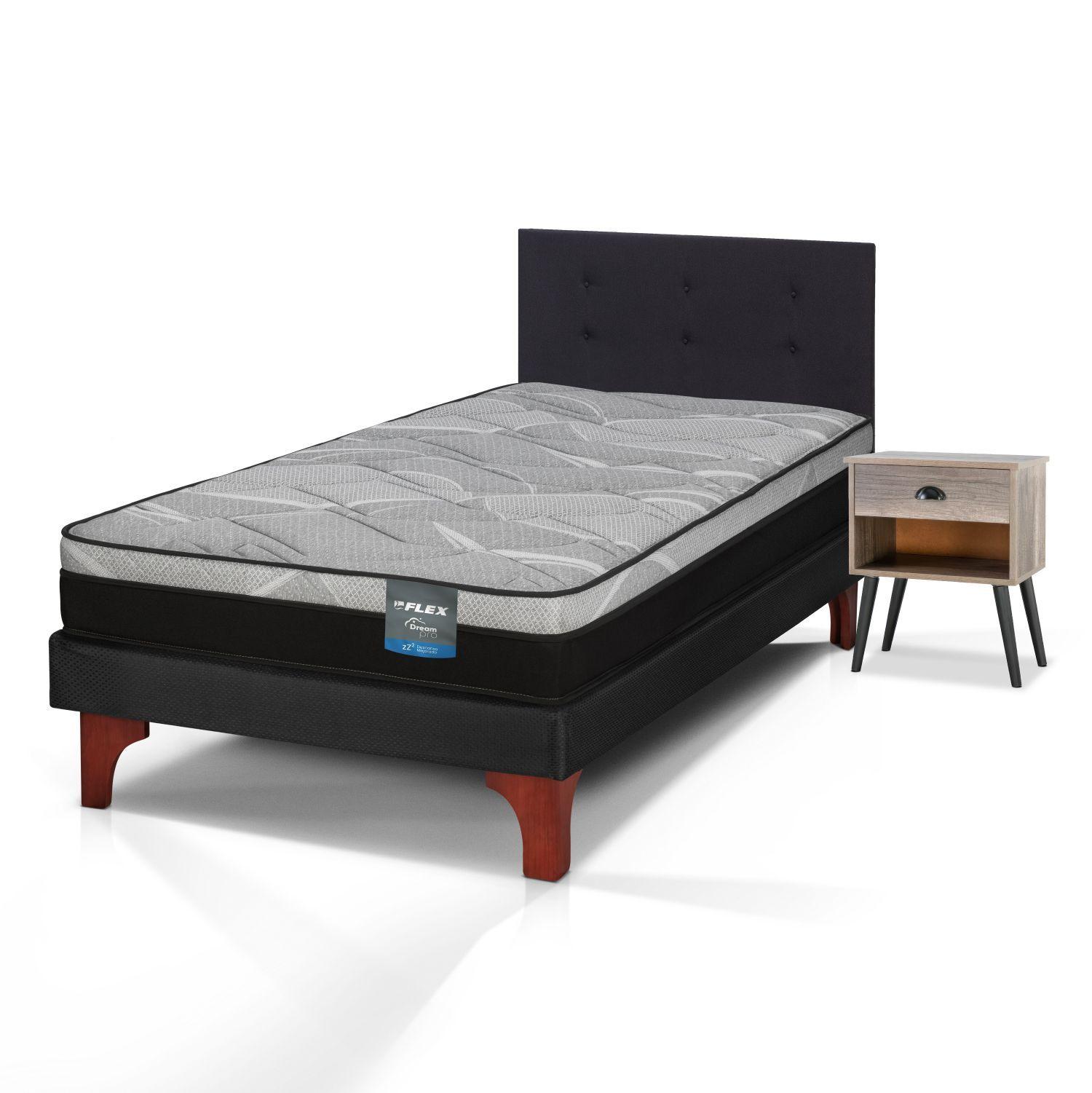 Cama Europea Dream Pro 1.5 Plazas Box + Respaldo Royal Negro + Velador Rock Flex-1