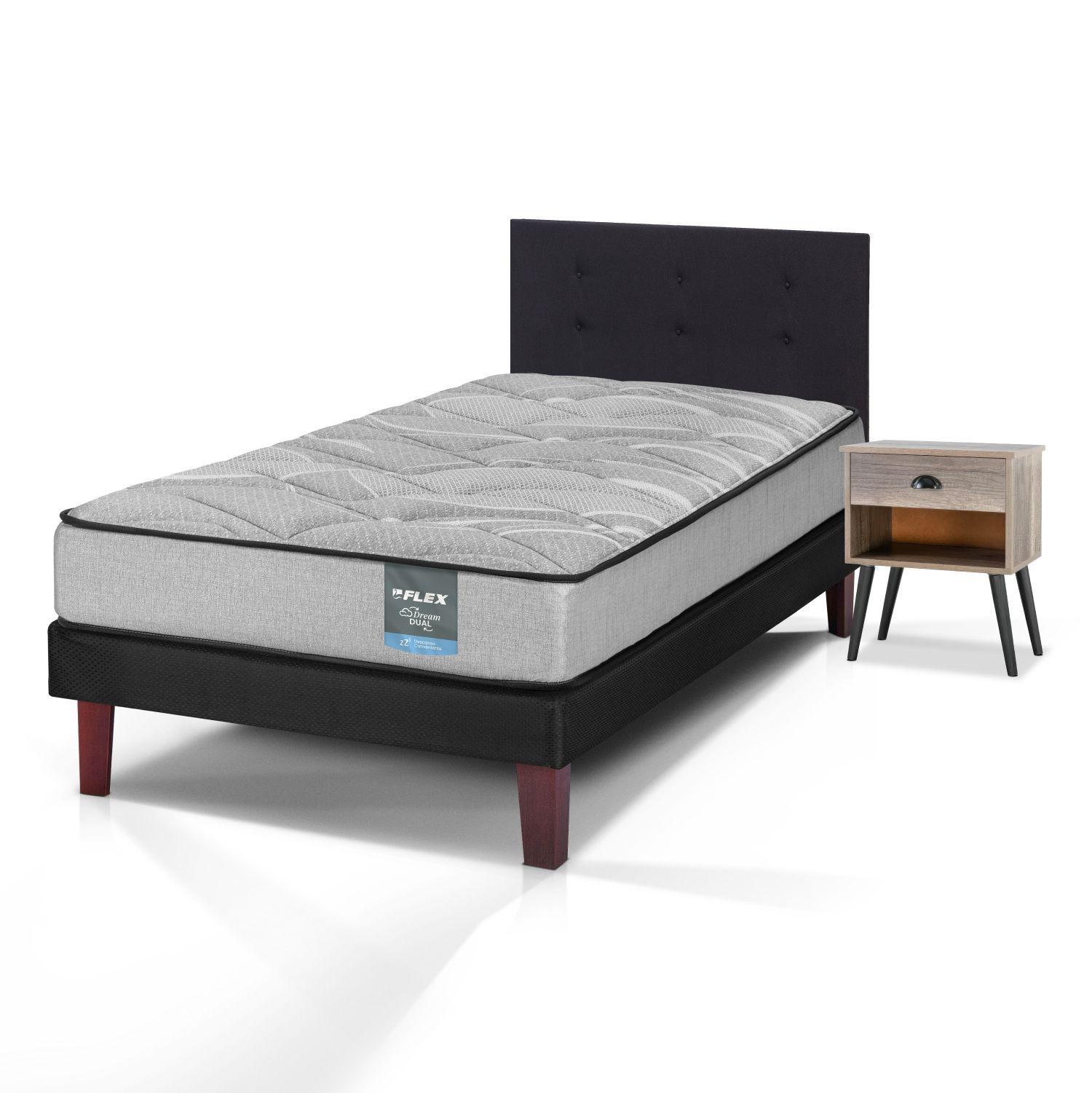 Cama Europea Dream Dual 1.5 Plazas 105x190 + Respaldo Royal Negro + Velador Rock Flex-0