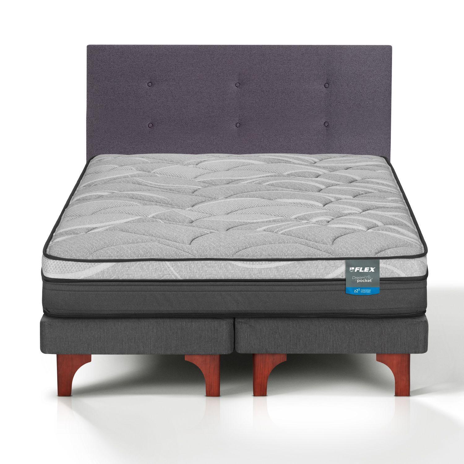 Cama Europea Dream Pocket 2 Plazas Box 150x200 + Respaldo Royal Grafito Flex-2