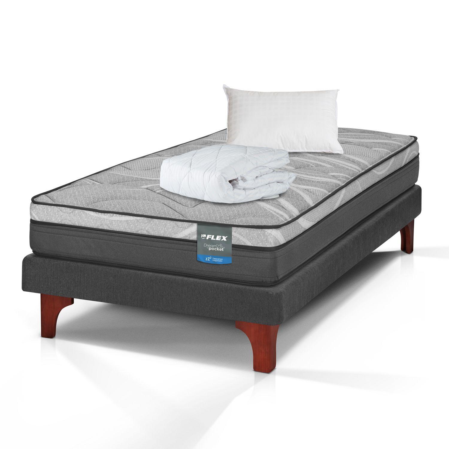 Cama Europea Dream Pocket 1.5 Plazas Box 105x200 + Almohada Policotton + CubreColchón Basico Flex-1