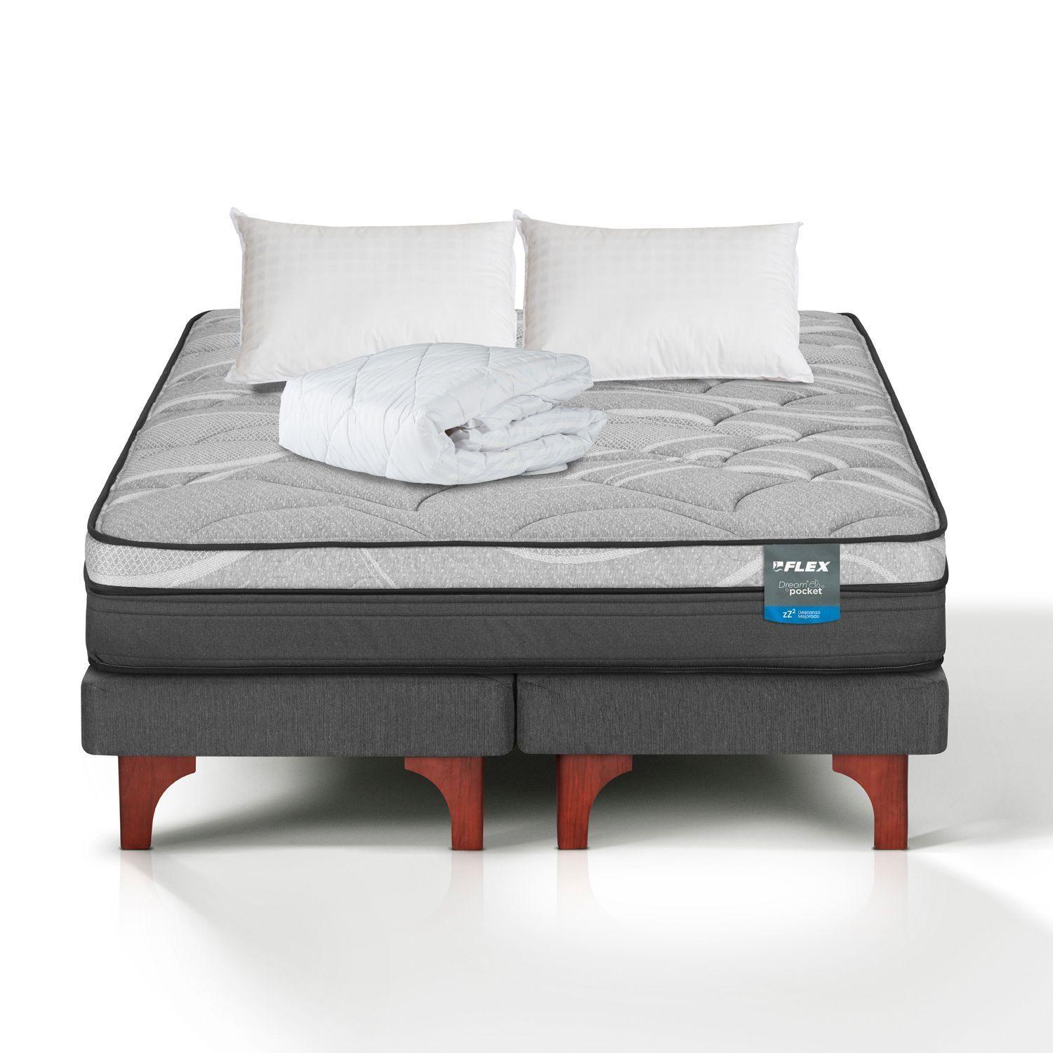 Cama Europea Dream Pocket 2 Plazas Box 150x200 + Almohada Policotton + CubreColchón Basico Flex-2