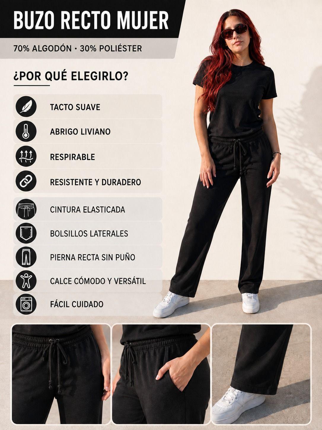 Pantalon De Buzo Recto Mujer Algodon Deportivo 240gr Ajustable-3
