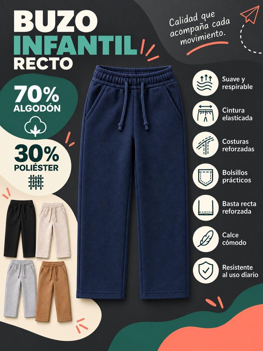 Pantalon Buzo Jogger Recto Infantil 250g Ajustable 70 30-5