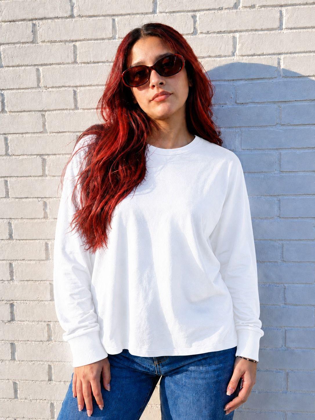 Polera Manga Larga Oversize De Mujer Cuello Redondo Basica Lisa-0