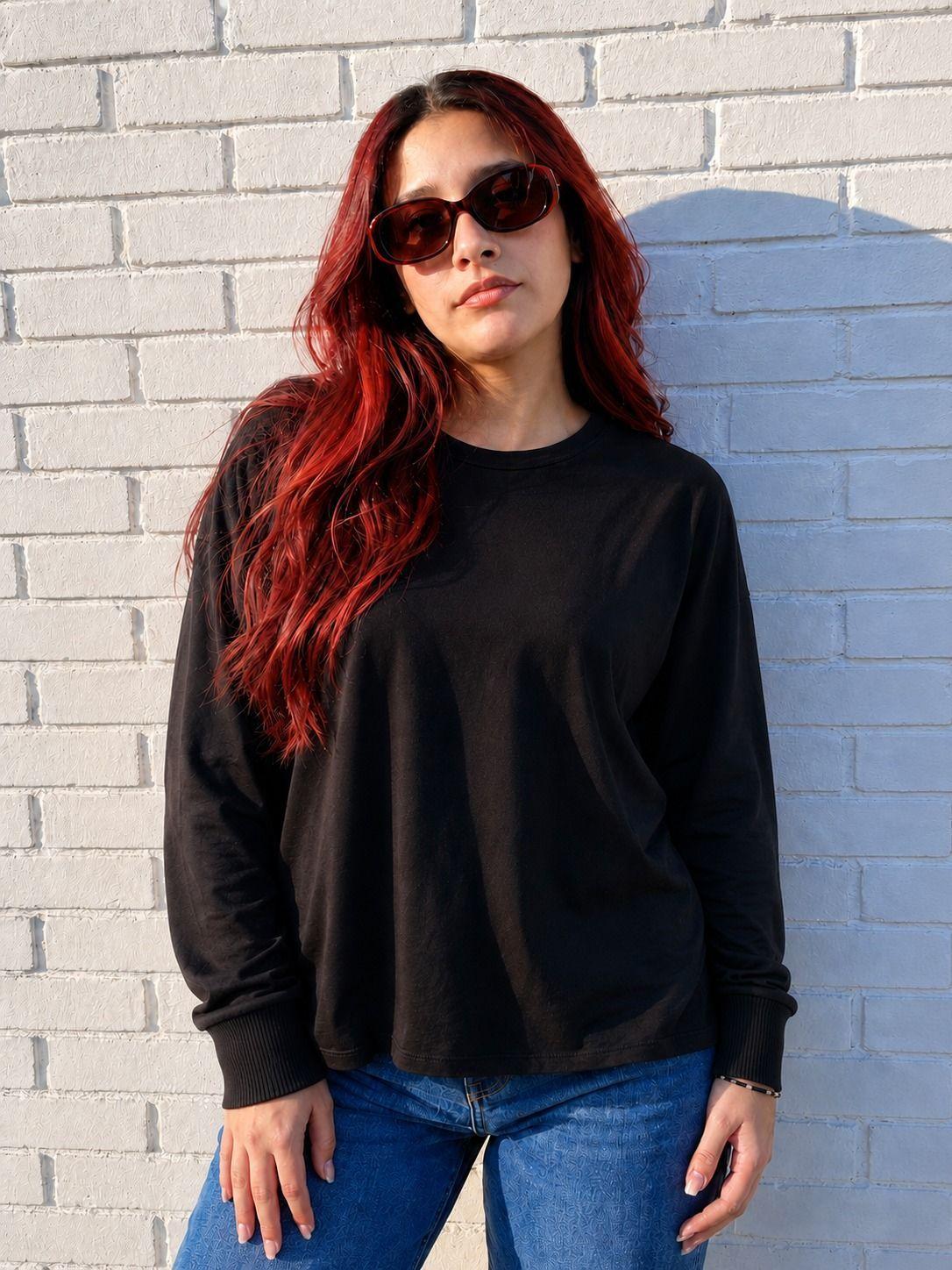 Polera Manga Larga Oversize De Mujer Cuello Redondo Basica Lisa-0