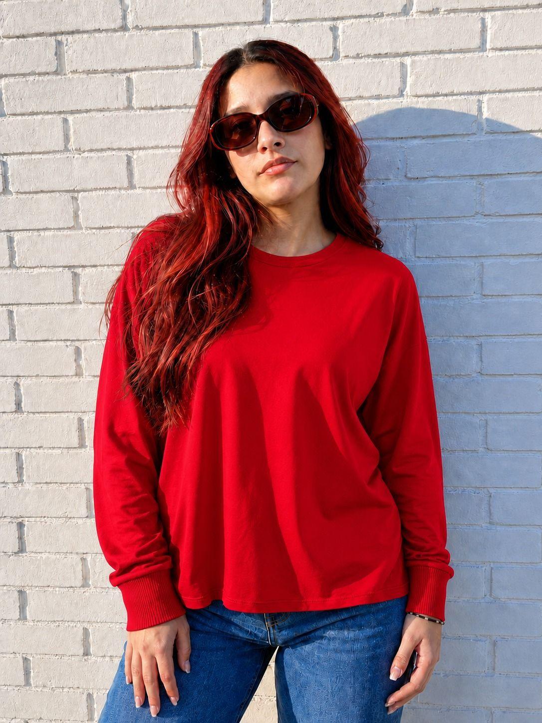 Polera Manga Larga Oversize De Mujer Cuello Redondo Basica Lisa-0