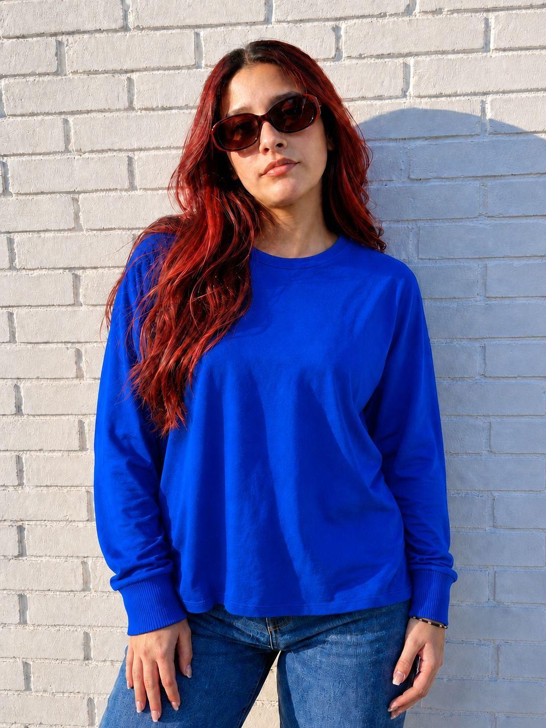 Polera Manga Larga Oversize De Mujer Cuello Redondo Basica Lisa-0