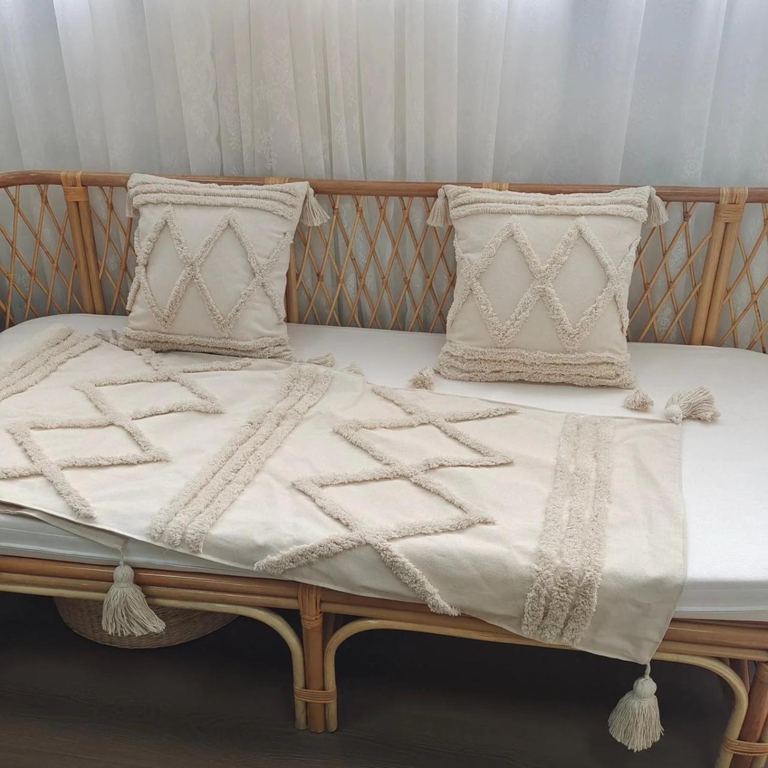 Set Piecera + Dos Fundas Estilo Boho 04 70x210 Beige-1