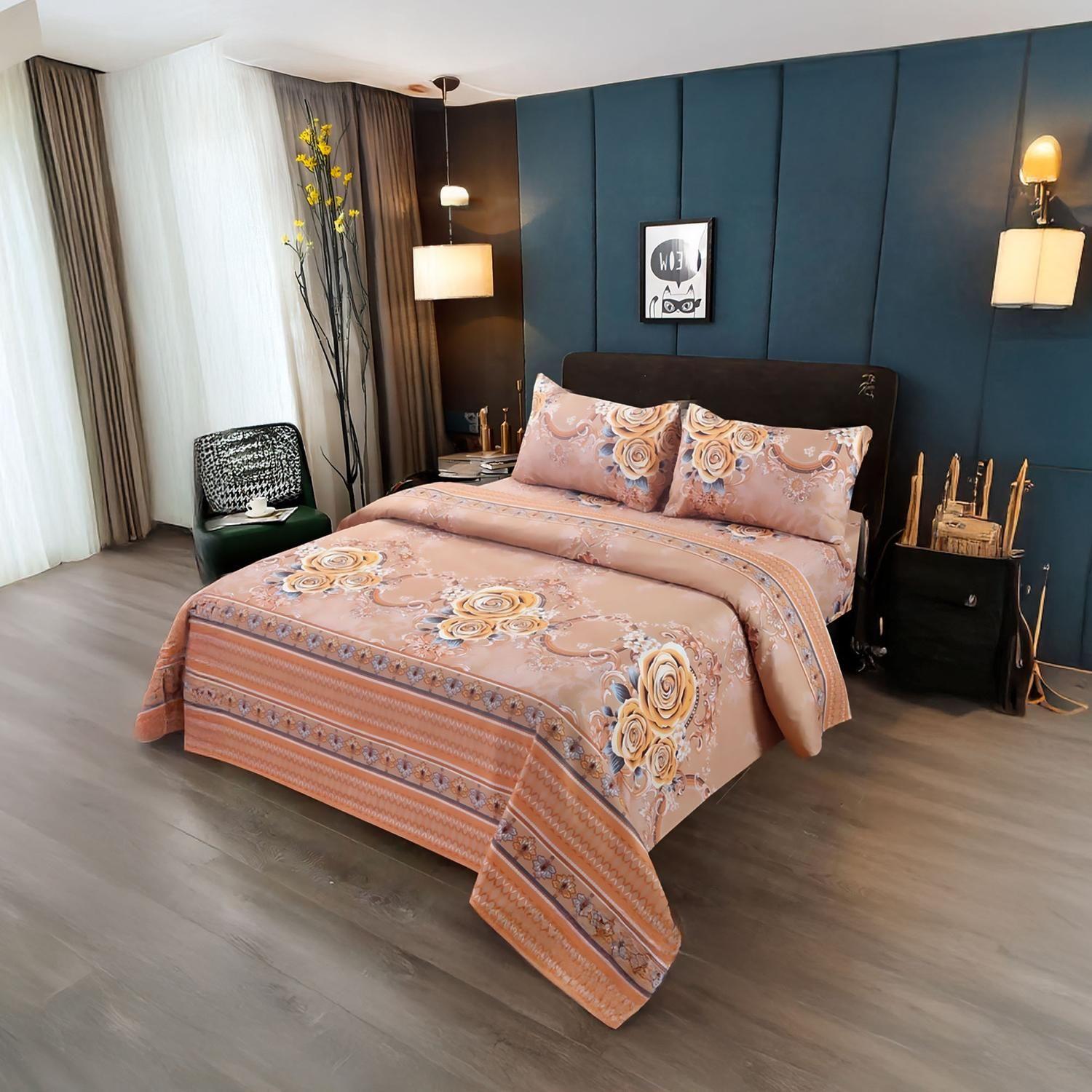 JUEGO DE SABANAS 3.0 ALGODON 200HILOS NARANJA FLOR-1